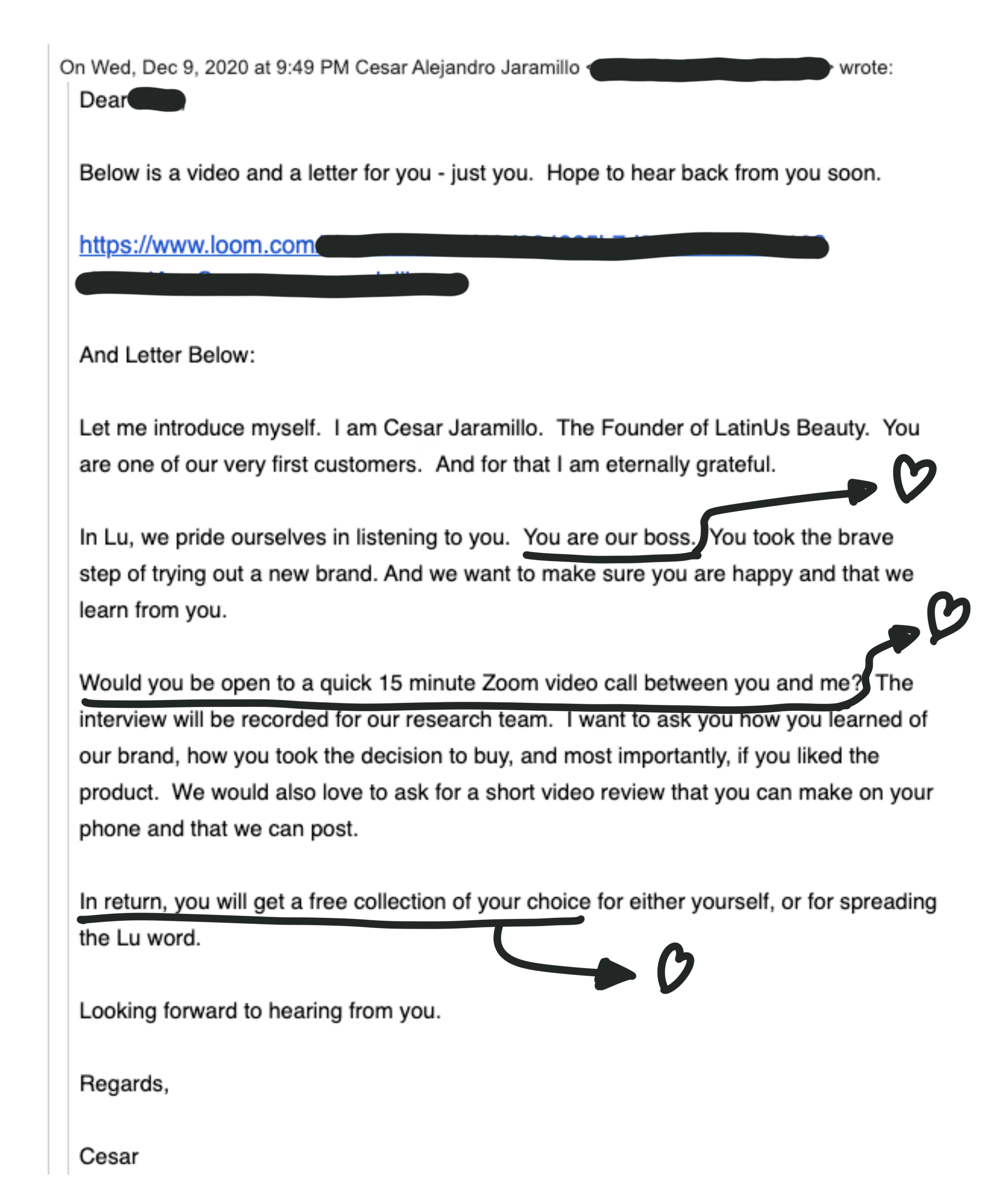 Email conversation between César (LatinUs cofounder) and a customer.