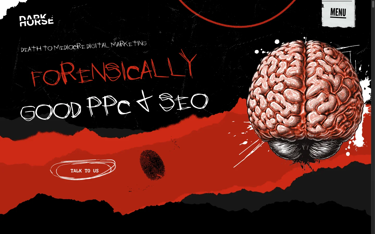 Dark Horse homepage: brain illustration, red splatter, handwritten "Forensically good PPC & SEO", "Death to mediocre digital marketing" tagline