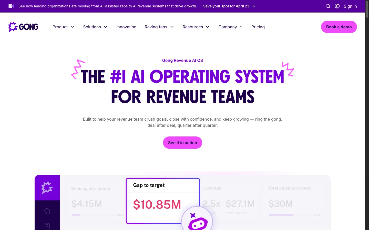 Gong homepage: purple and hot-pink palette, jagged starburst logo, "ring the gong" tagline