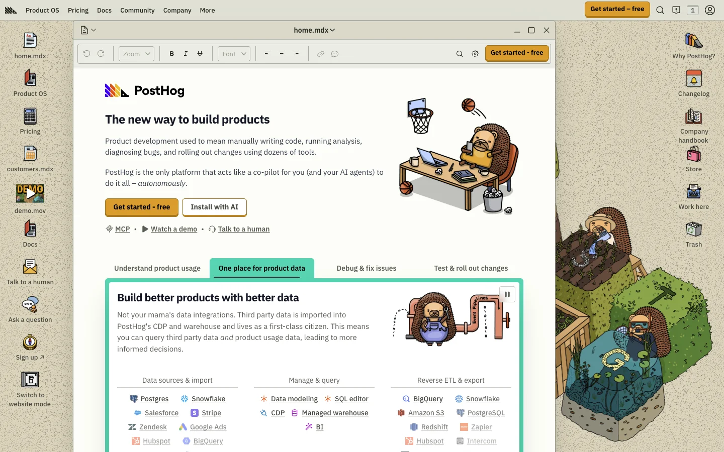 PostHog homepage: hedgehog illustrations over a Windows 98-style desktop, beige and dark orange palette