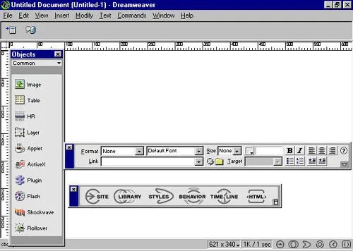 Screenshot of Macromedia Dreamweaver interface from 1997