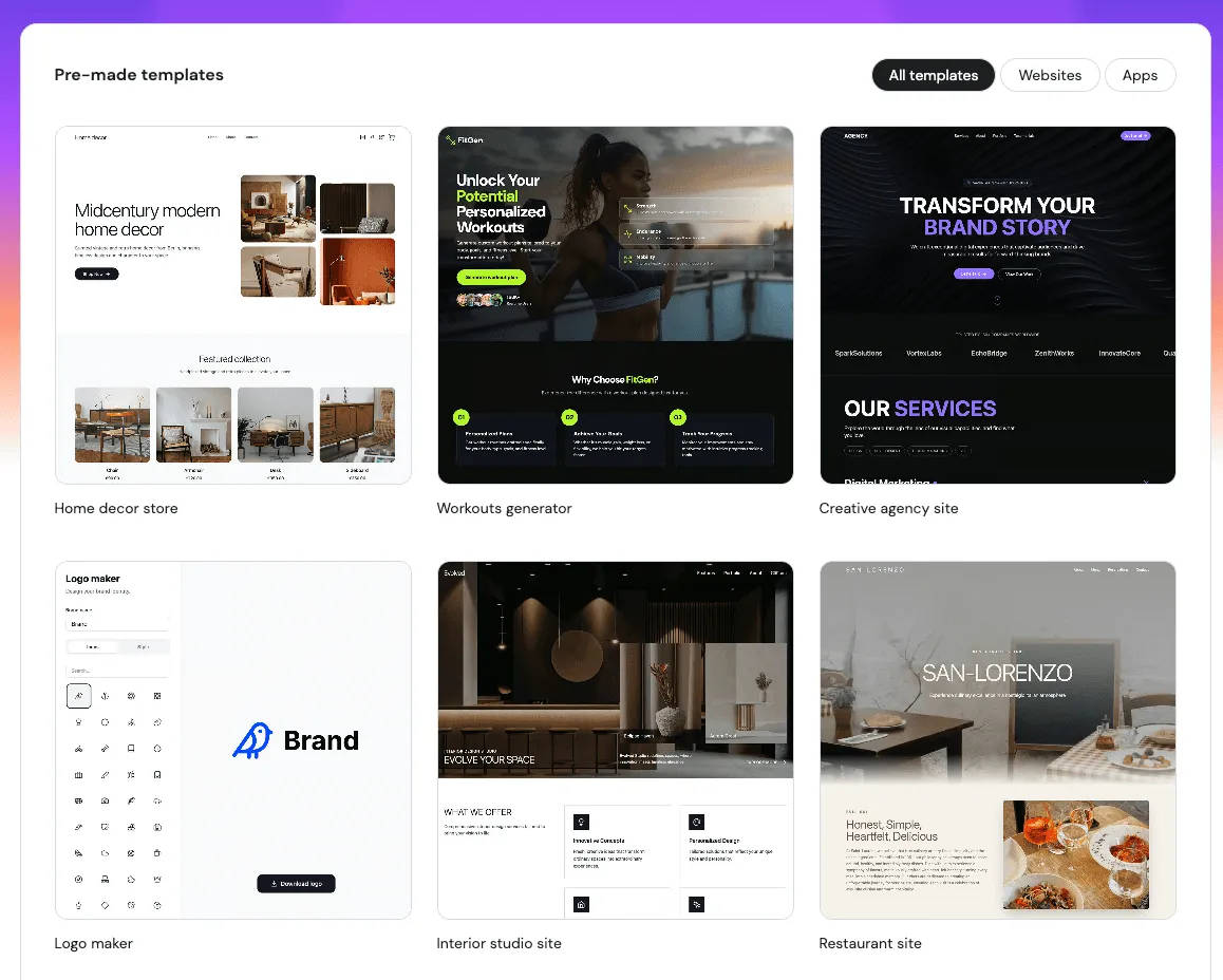 Hostinger Horizons pre-made templates page showing project starting points