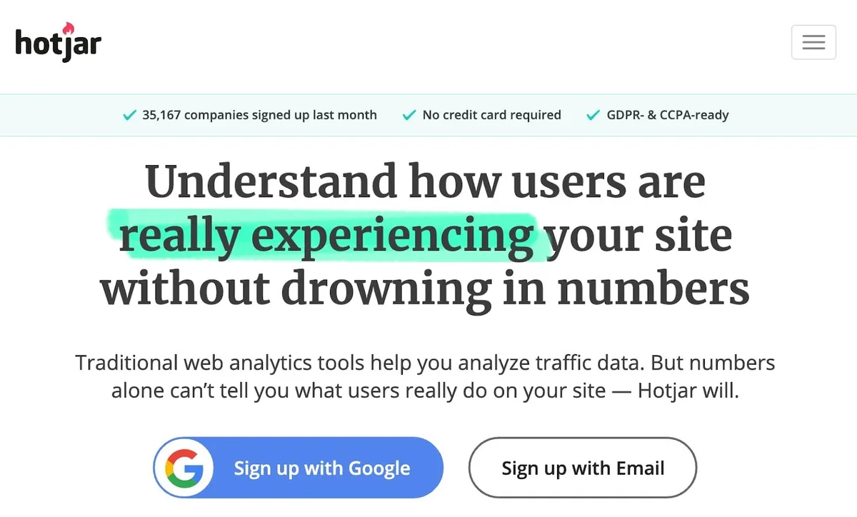 Hotjar's headline is an example of product narrative design