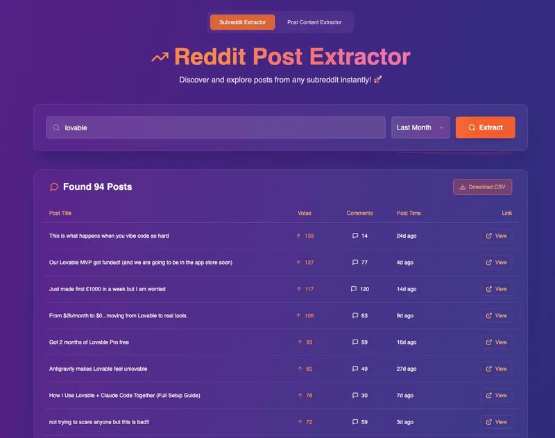 Reddit post extractor built withHostinger Horizons