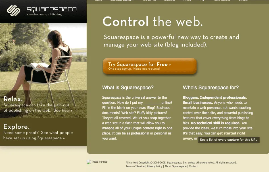 Squarespace homepage from 2005.